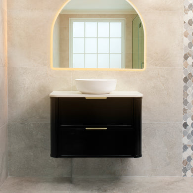 Tura Shaker 900mm Curved Wall Hung Vanity Cabinet, Matte Black