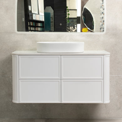 Tura Shaker 1200mm Curved Wall Hung Vanity Cabinet, Matte White