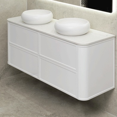 Tura Shaker 1500mm Curved Wall Hung Vanity Cabinet, Matte White