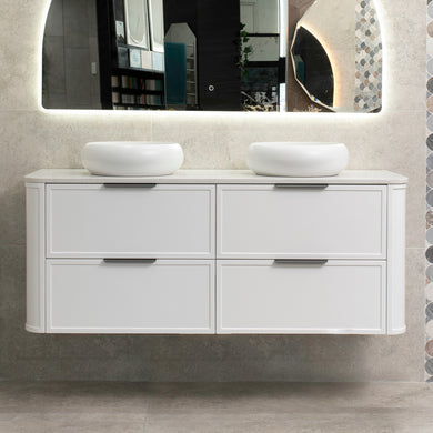 Tura Shaker 1500mm Curved Wall Hung Vanity Cabinet, Matte White
