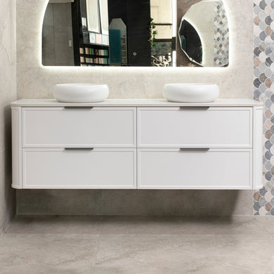 Tura Shaker 1800mm Curved Wall Hung Vanity Cabinet, Matte White