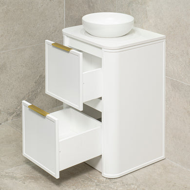 Tura Shaker 600mm Curved Floorstanding Vanity Cabinet, Matte White