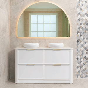 Tura Shaker 1500mm Curved Floorstanding Vanity Cabinet, Matte White