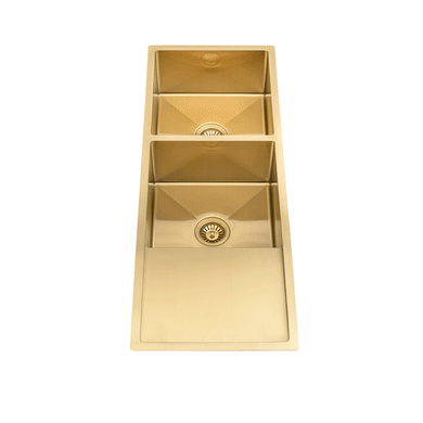 Retto II 1190mm x 450mm x 230mm Stainless Steel Double Sink with Drainer, Brushed Brass Gold