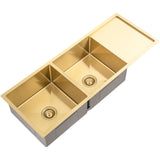 Retto II 1190mm x 450mm x 230mm Stainless Steel Double Sink with Drainer, Brushed Brass Gold