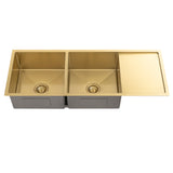 Retto II 1190mm x 450mm x 230mm Stainless Steel Double Sink with Drainer, Brushed Brass Gold