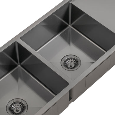 Retto II 1190mm x 450mm x 230mm Stainless Steel Double Sink with Drainer, Brushed Gunmetal Black