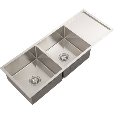 Retto II 1190mm x 450mm x 230mm Stainless Steel Double Sink with Drainer, Brushed SS Nickel