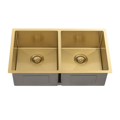 Retto II 775mm x 450mm x 230mm Stainless Steel Double Sink, Brushed Brass Gold