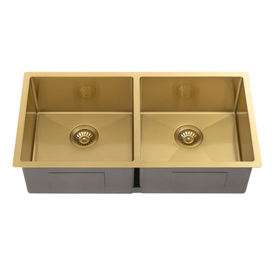Retto II 875mm x 450mm x 230mm Stainless Steel Double Sink, Brushed Brass Gold