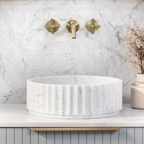 Kyklos Groove Round Fluted 395mm Above-Counter Marble Basin, Honed Carrara