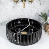 Kyklos Groove Round Fluted 395mm Above-Counter Marble Basin, Honed Nero Marquina