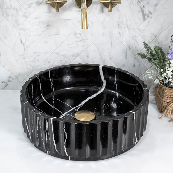Kyklos Groove Round Fluted 395mm Above-Counter Marble Basin, Honed Nero Marquina