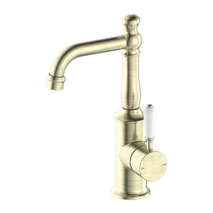 Nero York Basin Mixer With White Porcelain Lever, Aged Brass