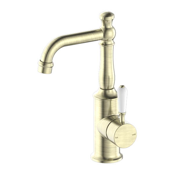 Nero York Basin Mixer With White Porcelain Lever | Aged Brass |