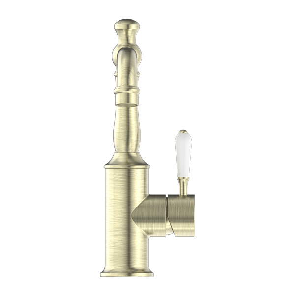 Nero York Basin Mixer With White Porcelain Lever | Aged Brass |