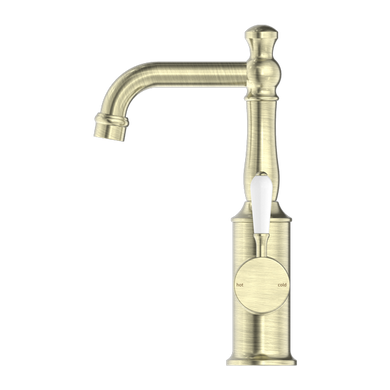 Nero York Basin Mixer With White Porcelain Lever | Aged Brass |
