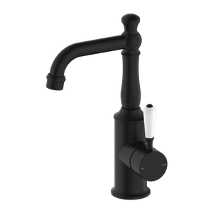 Nero York Basin Mixer With White Porcelain Lever, Matte Black