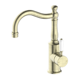 Nero York Basin Mixer Hook Spout With White Porcelain Lever | Aged Brass |