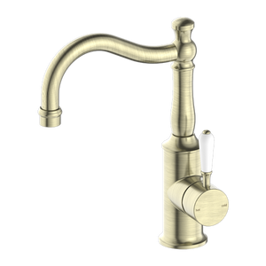 Nero York Basin Mixer Hook Spout With White Porcelain Lever, Aged Brass