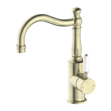 Nero York Basin Mixer Hook Spout With White Porcelain Lever | Aged Brass |