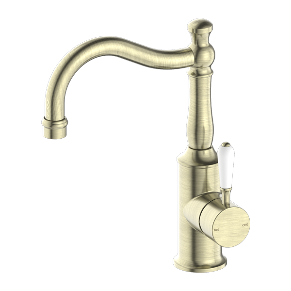 Nero York Basin Mixer Hook Spout With White Porcelain Lever | Aged Brass |