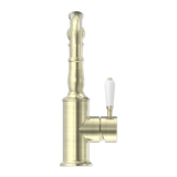 Nero York Basin Mixer Hook Spout With White Porcelain Lever | Aged Brass |
