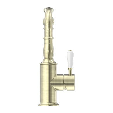 Nero York Basin Mixer Hook Spout With White Porcelain Lever | Aged Brass |