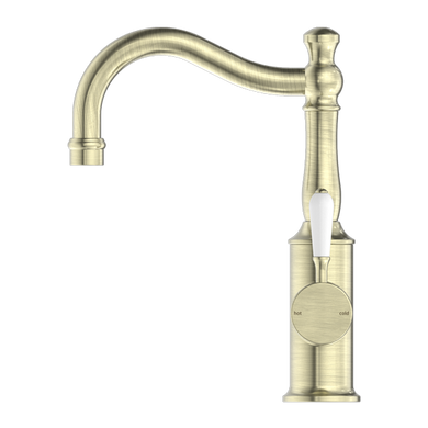 Nero York Basin Mixer Hook Spout With White Porcelain Lever | Aged Brass |
