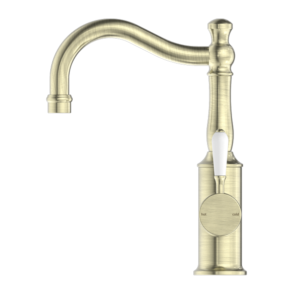 Nero York Basin Mixer Hook Spout With White Porcelain Lever | Aged Brass |