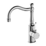 Nero York Basin Mixer Hook Spout With White Porcelain Lever | Chrome |