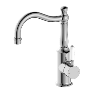 Nero York Basin Mixer Hook Spout With White Porcelain Lever, Chrome