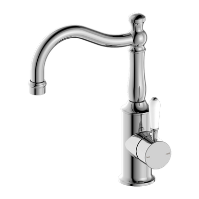 Nero York Basin Mixer Hook Spout With White Porcelain Lever | Chrome |