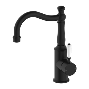 Nero York Basin Mixer Hook Spout With White Porcelain Lever, Matte Black