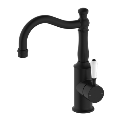 Nero York Basin Mixer Hook Spout With White Porcelain Lever | Matte Black |