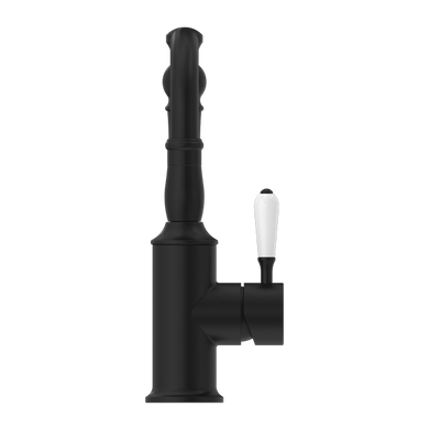 Nero York Basin Mixer Hook Spout With White Porcelain Lever | Matte Black |