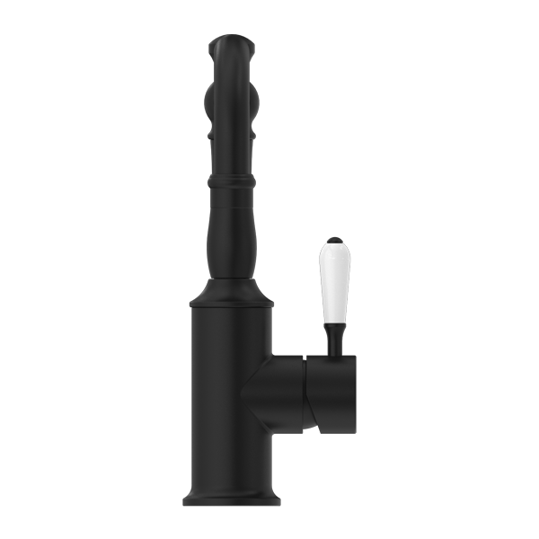 Nero York Basin Mixer Hook Spout With White Porcelain Lever  | Matte Black |