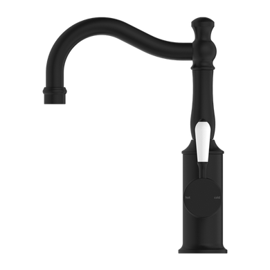 Nero York Basin Mixer Hook Spout With White Porcelain Lever | Matte Black |
