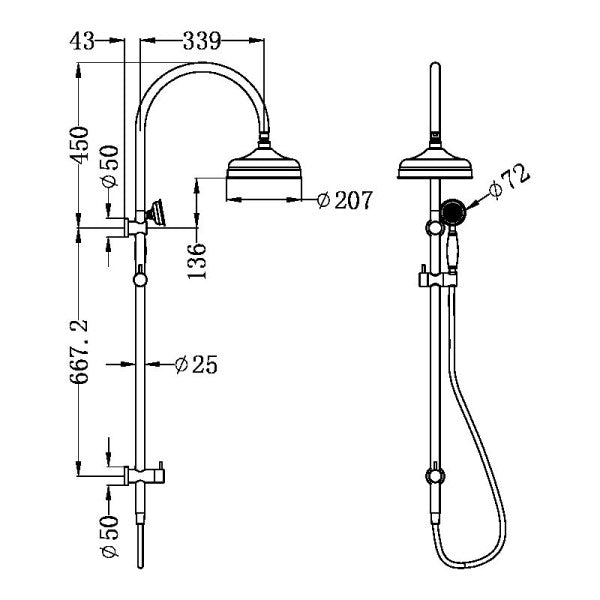 Nero York Twin Shower With Metal Hand Shower | Aged Brass |