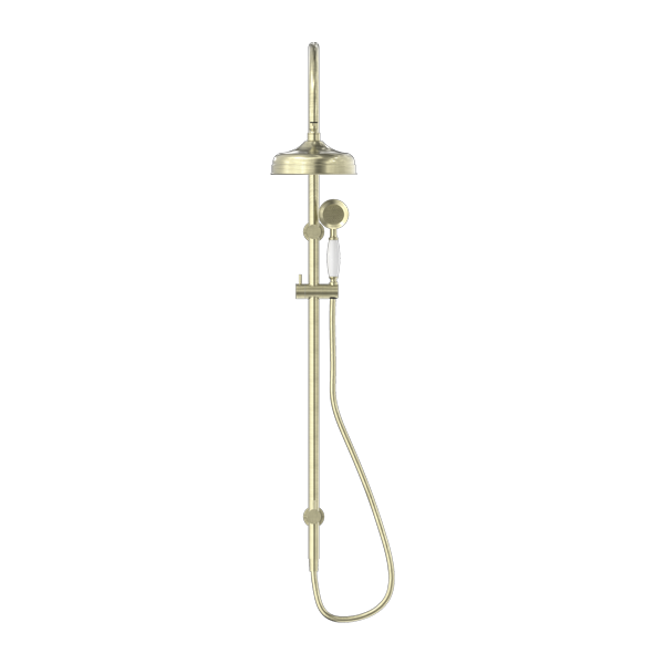 Nero York Twin Shower With White Porcelain Hand Shower | Aged Brass |