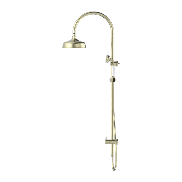 Nero York Twin Shower With White Porcelain Hand Shower | Aged Brass |