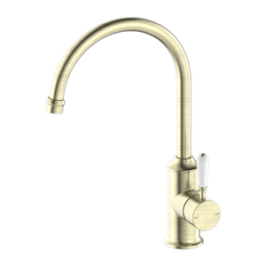 Nero York Kitchen Mixer Goosneck Spout With White Porcelain Lever, Aged Brass