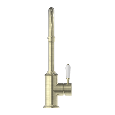 Nero York Kitchen Mixer Goosneck Spout With White Porcelain Lever | Aged Brass |