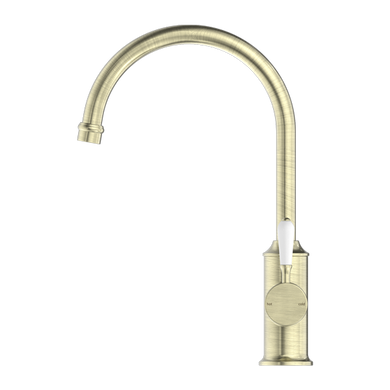 Nero York Kitchen Mixer Goosneck Spout With White Porcelain Lever | Aged Brass |
