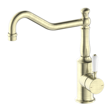 Nero York Kitchen Mixer Hook Spout With White Porcelain Lever | Aged Brass |