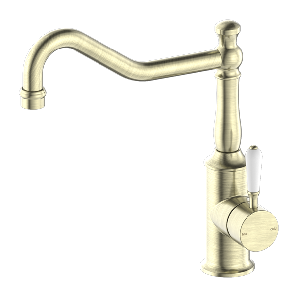 Nero York Kitchen Mixer Hook Spout With White Porcelain Lever | Aged Brass |