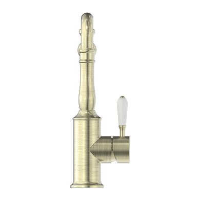 Nero York Kitchen Mixer Hook Spout With White Porcelain Lever | Aged Brass |