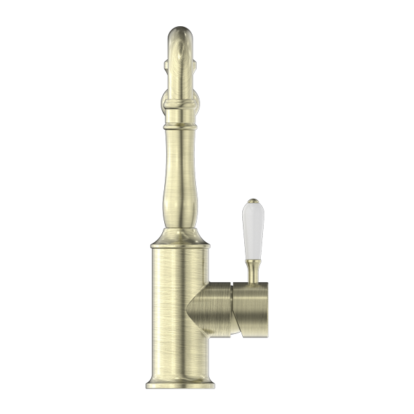 Nero York Kitchen Mixer Hook Spout With White Porcelain Lever | Aged Brass |