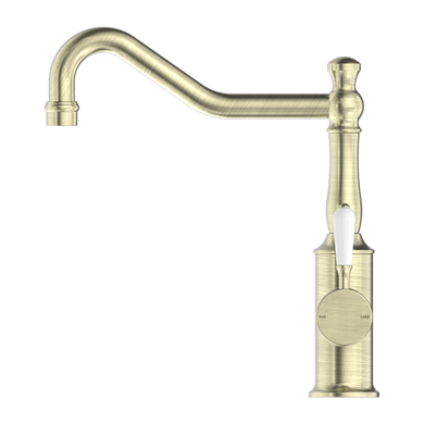 Nero York Kitchen Mixer Hook Spout With White Porcelain Lever | Aged Brass |