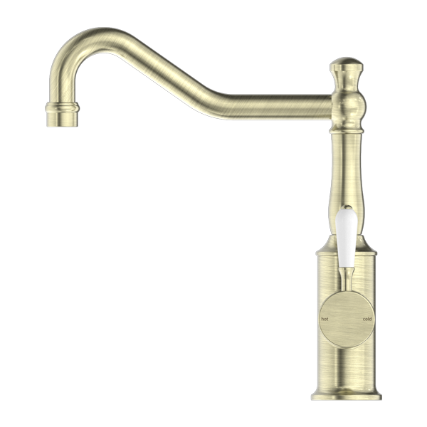 Nero York Kitchen Mixer Hook Spout With White Porcelain Lever | Aged Brass |